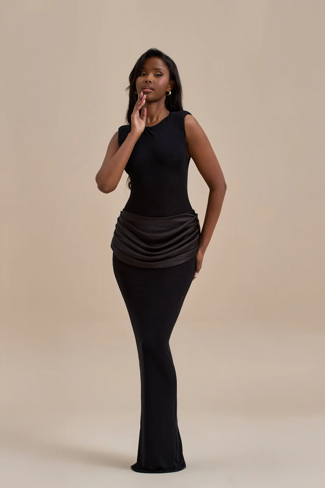 EMAN SLEEVELESS MAXI DRESS WITH SATIN DRAPED WAIST DETAIL | BLACK - Image 8
