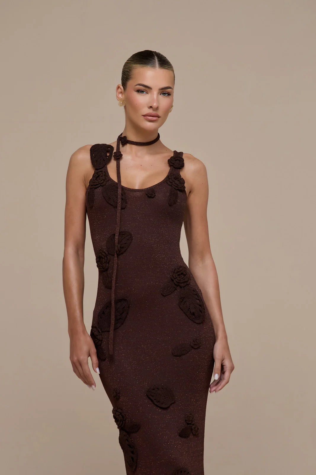 EDEN KNITTED MAXI DRESS WITH FLORAL APPLIQUÉ | CHOCOLATE - Image 10