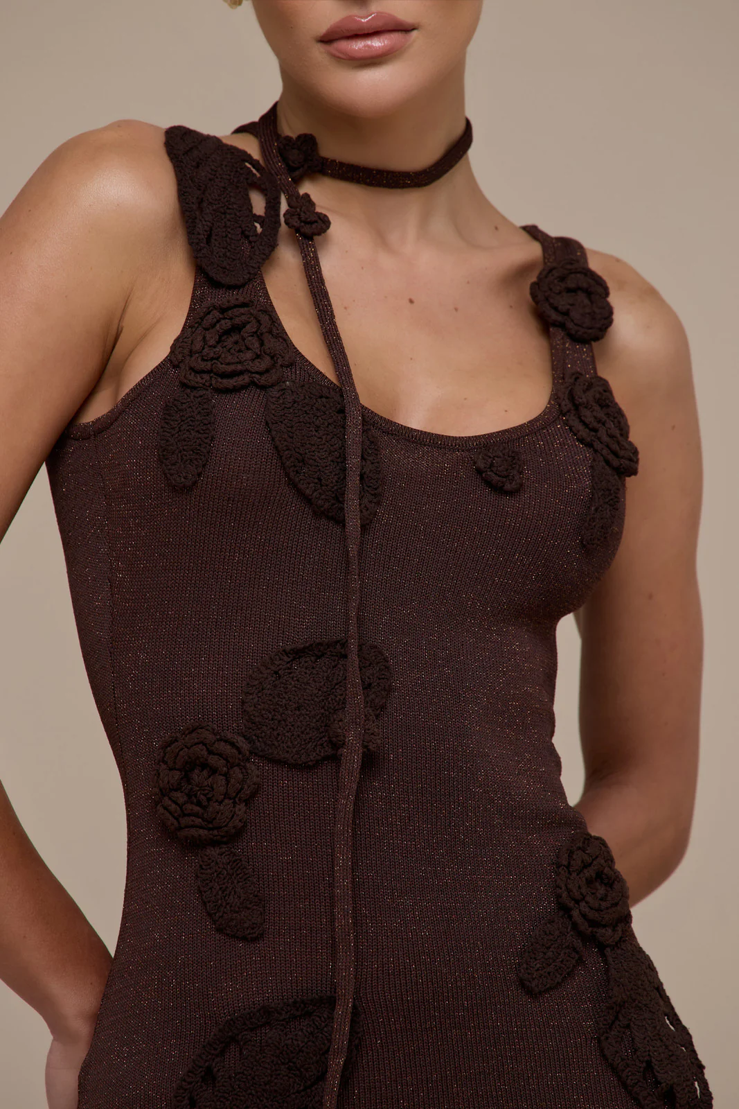 EDEN KNITTED MAXI DRESS WITH FLORAL APPLIQUÉ | CHOCOLATE - Image 12