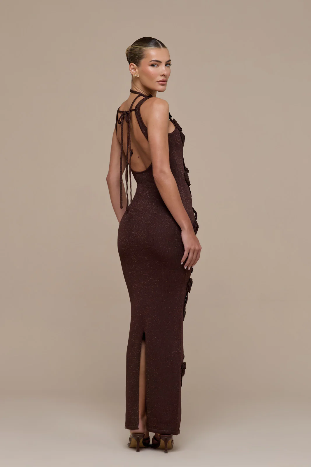 EDEN KNITTED MAXI DRESS WITH FLORAL APPLIQUÉ | CHOCOLATE - Image 14