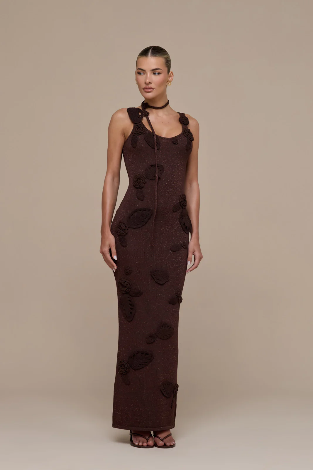 EDEN KNITTED MAXI DRESS WITH FLORAL APPLIQUÉ | CHOCOLATE - Image 3