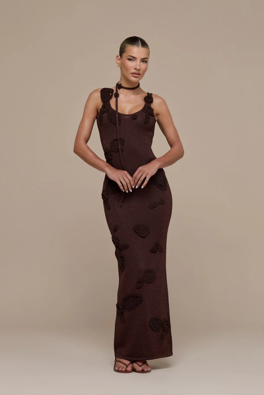 EDEN KNITTED MAXI DRESS WITH FLORAL APPLIQUÉ | CHOCOLATE - Image 6