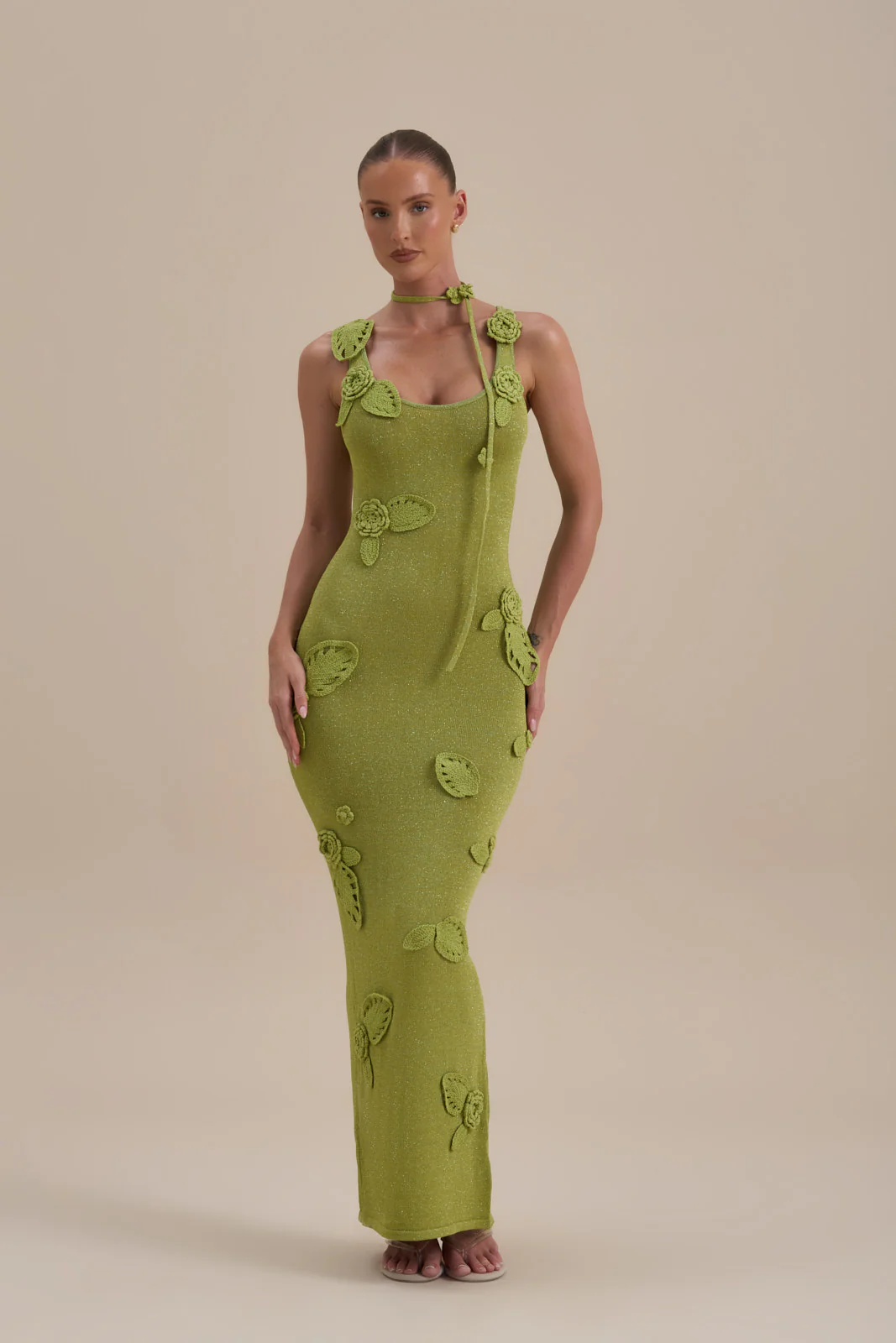 EDEN KNITTED MAXI DRESS WITH FLORAL APPLIQUÉ | LIME SPARKLE - Image 11