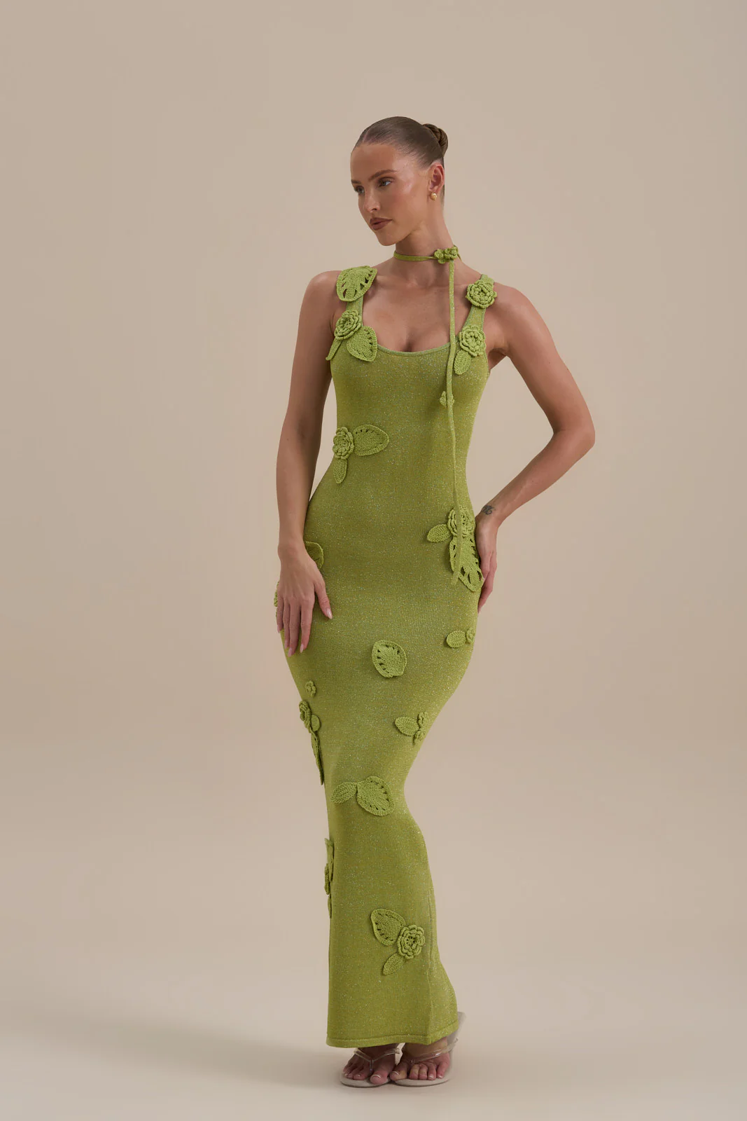 EDEN KNITTED MAXI DRESS WITH FLORAL APPLIQUÉ | LIME SPARKLE - Image 13