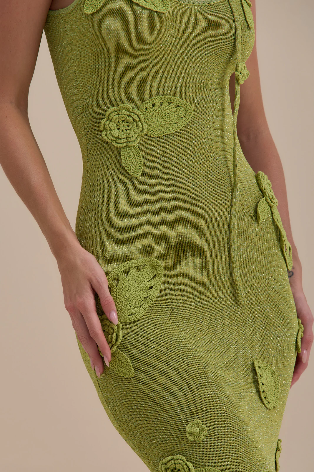 EDEN KNITTED MAXI DRESS WITH FLORAL APPLIQUÉ | LIME SPARKLE - Image 14