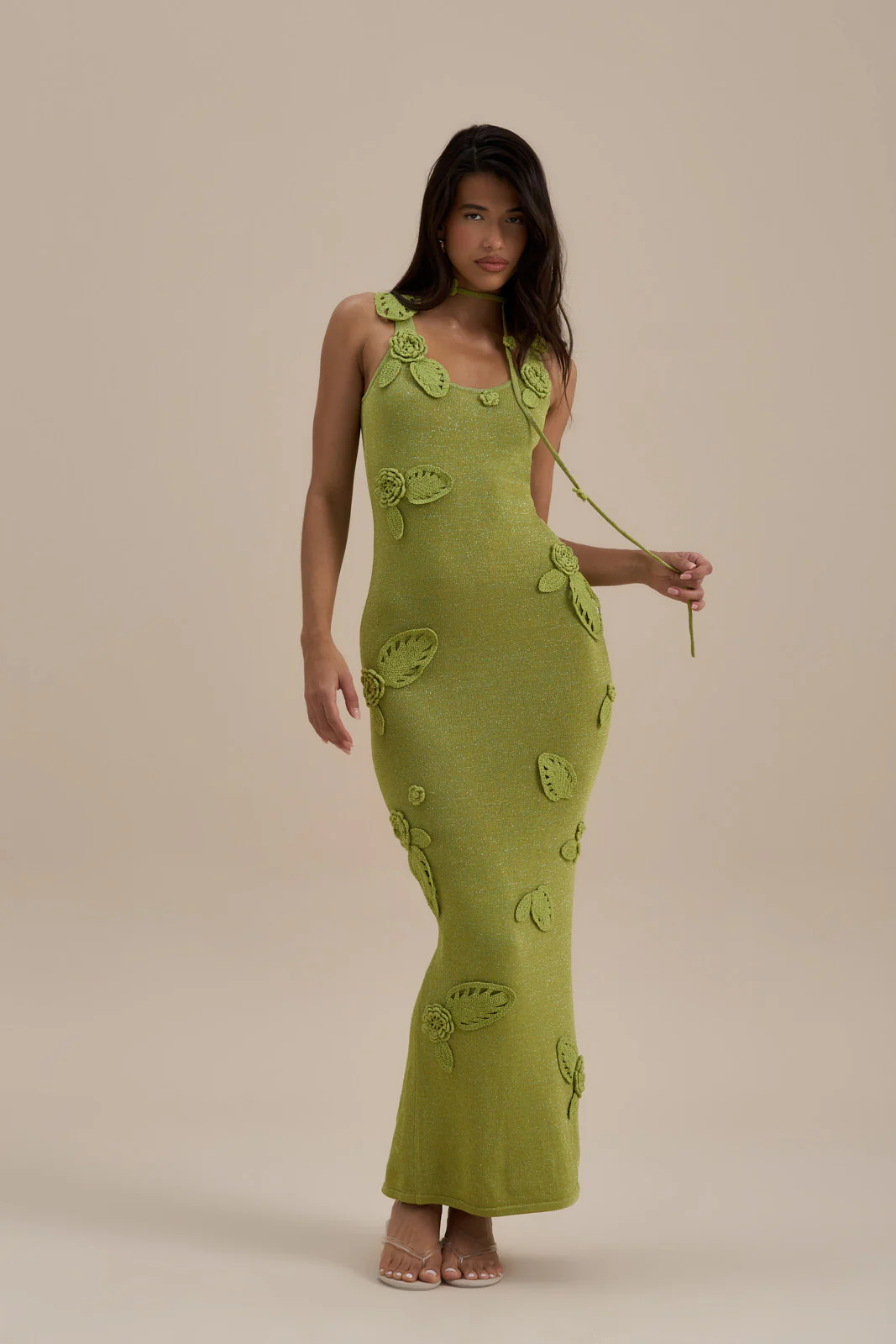 EDEN KNITTED MAXI DRESS WITH FLORAL APPLIQUÉ | LIME SPARKLE - Image 4