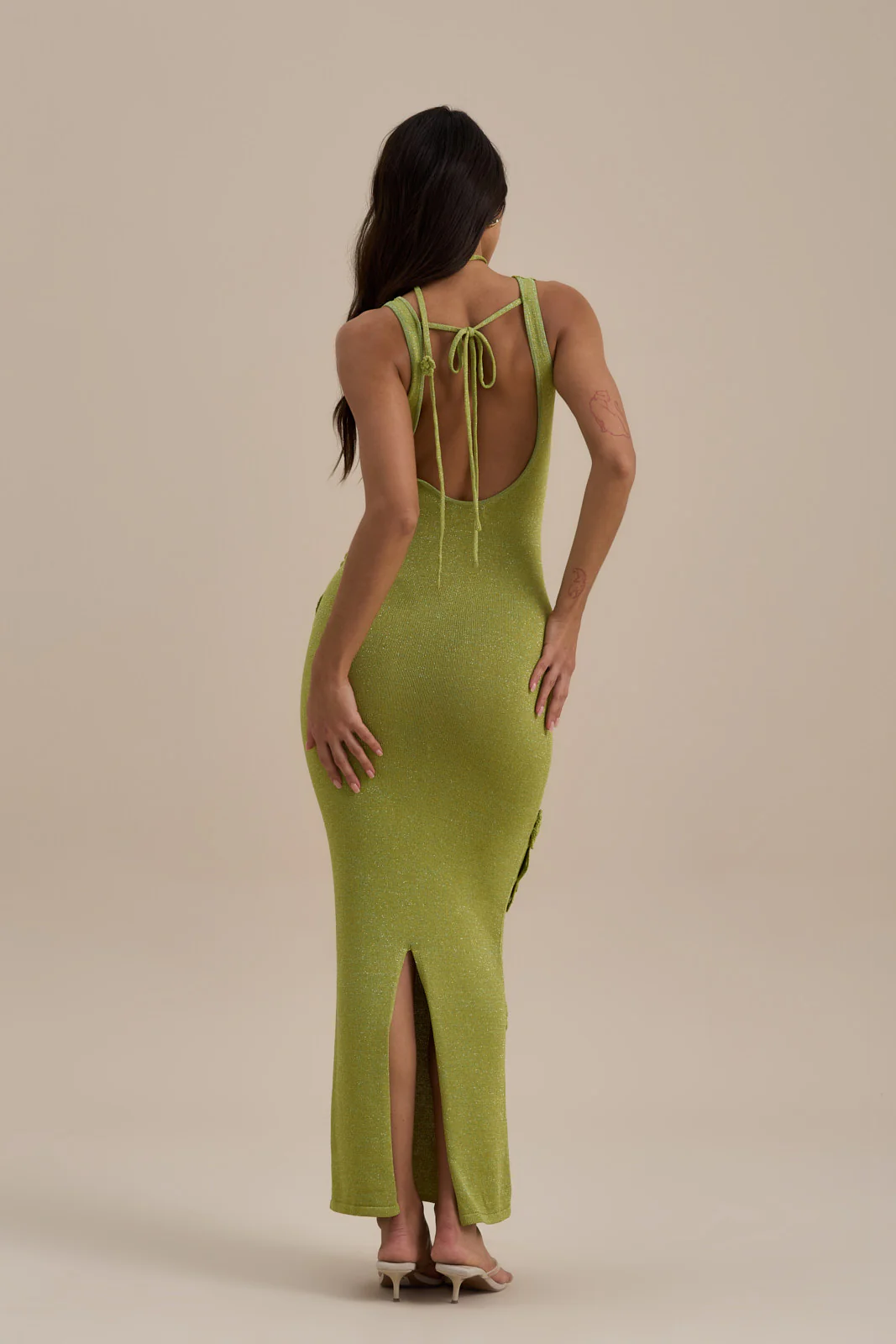 EDEN KNITTED MAXI DRESS WITH FLORAL APPLIQUÉ | LIME SPARKLE - Image 5