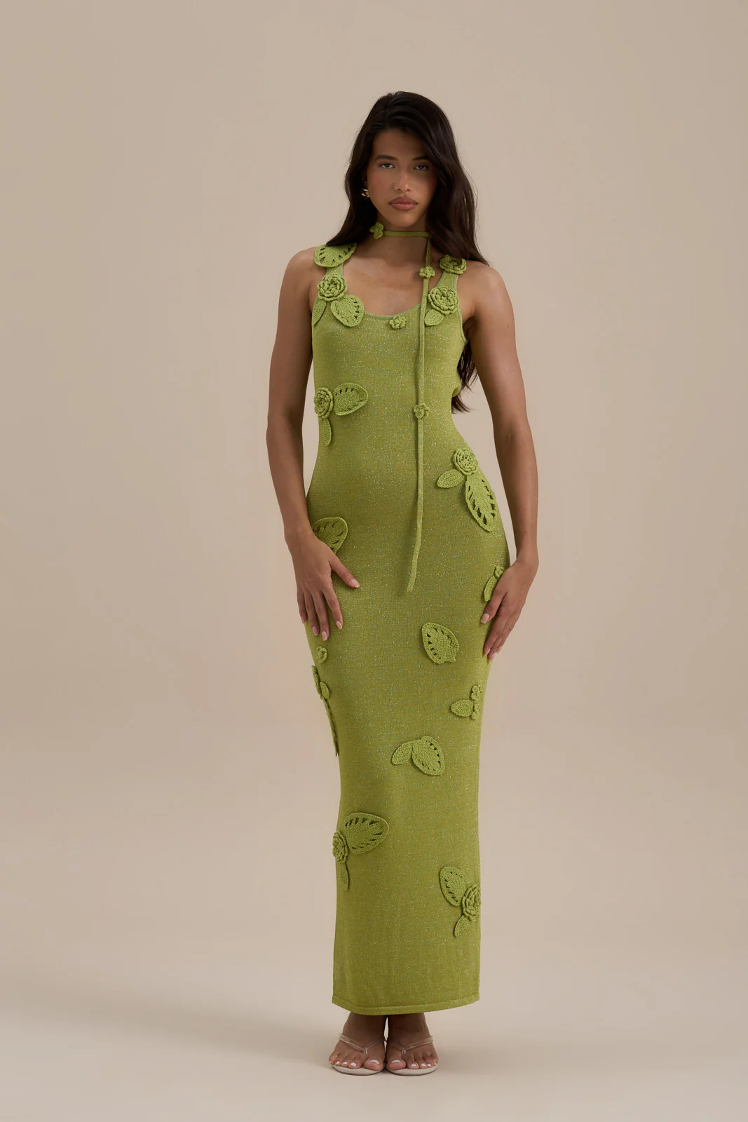 EDEN KNITTED MAXI DRESS WITH FLORAL APPLIQUÉ | LIME SPARKLE - Image 6
