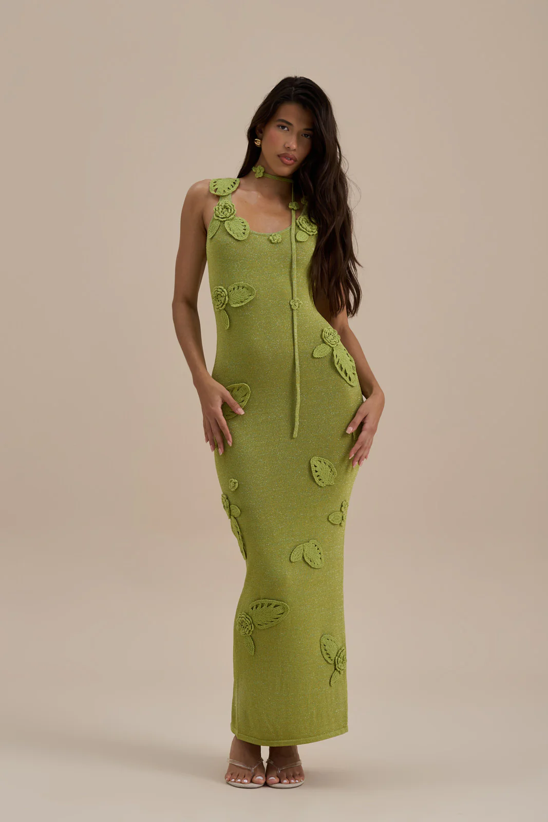 EDEN KNITTED MAXI DRESS WITH FLORAL APPLIQUÉ | LIME SPARKLE - Image 7
