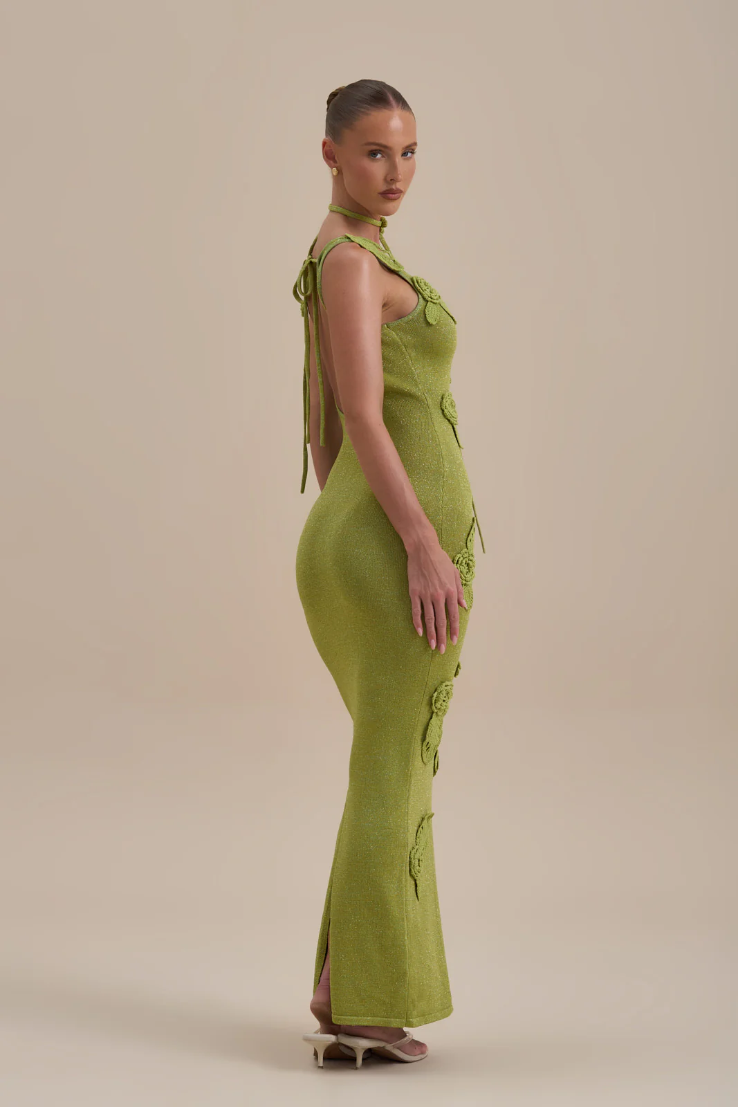 EDEN KNITTED MAXI DRESS WITH FLORAL APPLIQUÉ | LIME SPARKLE - Image 8
