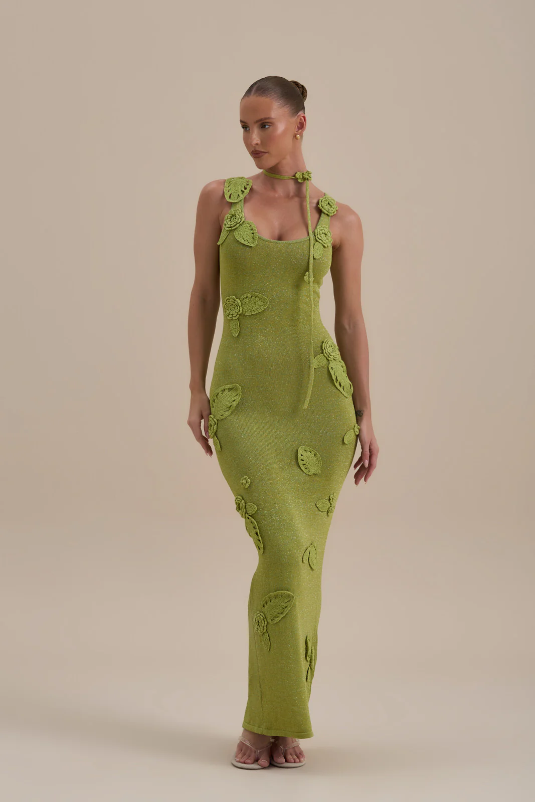 EDEN KNITTED MAXI DRESS WITH FLORAL APPLIQUÉ | LIME SPARKLE - Image 9
