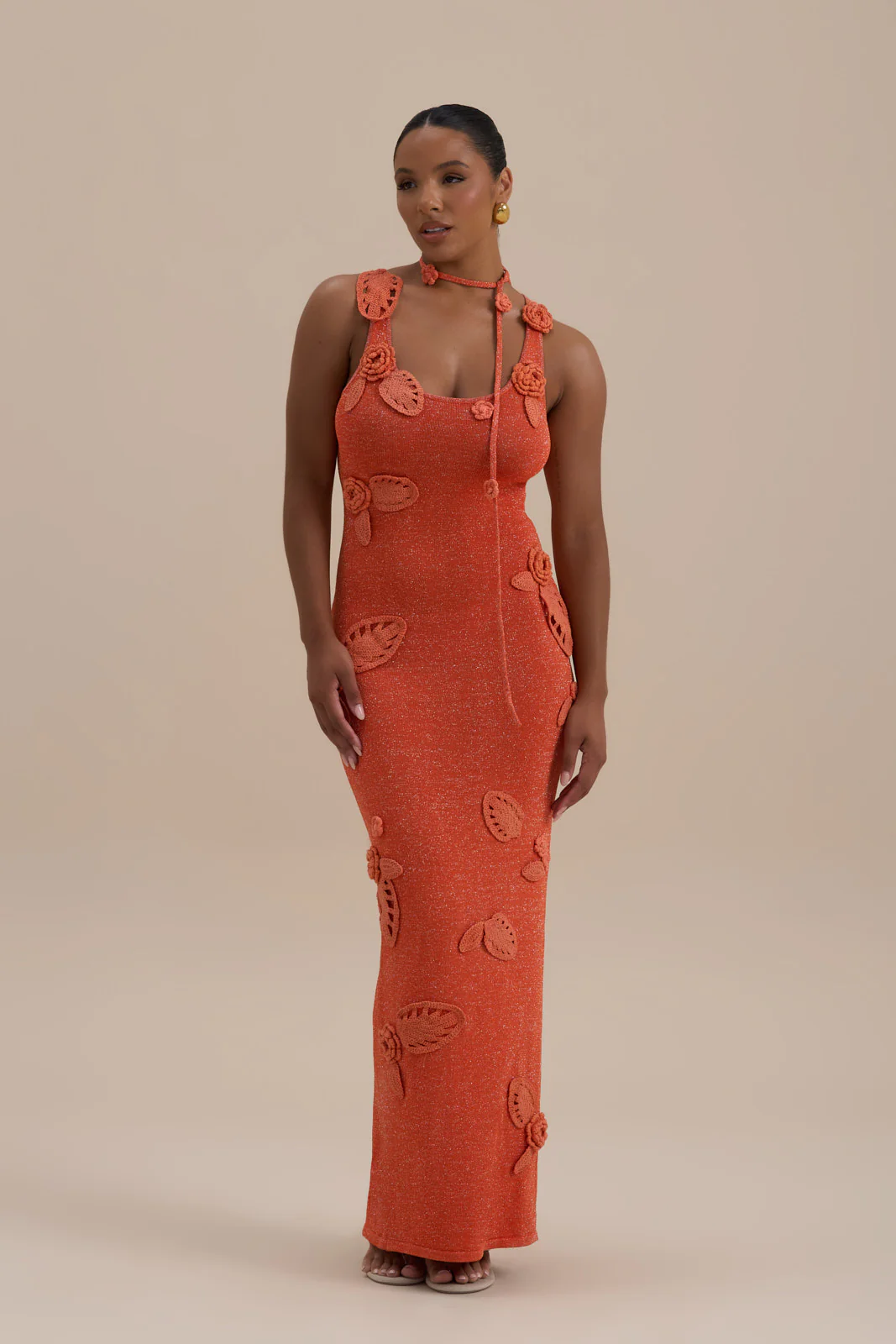 EDEN KNITTED MAXI DRESS WITH FLORAL APPLIQUÉ | ORANGE - Image 10