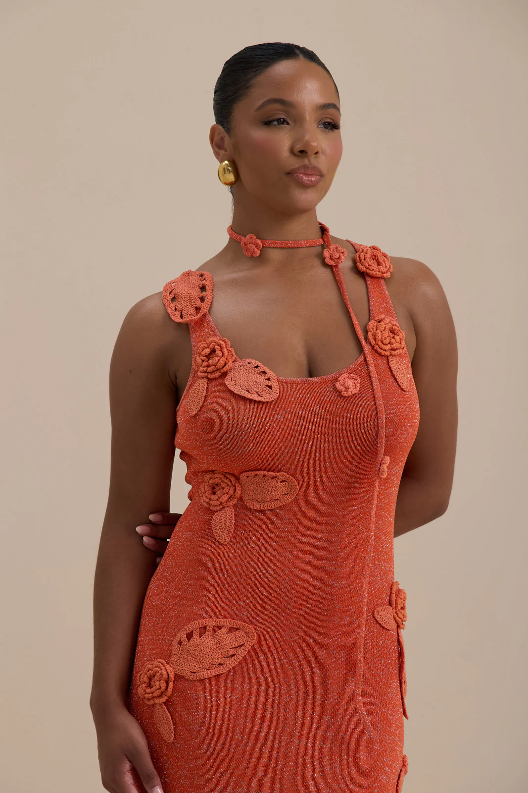 EDEN KNITTED MAXI DRESS WITH FLORAL APPLIQUÉ | ORANGE - Image 11