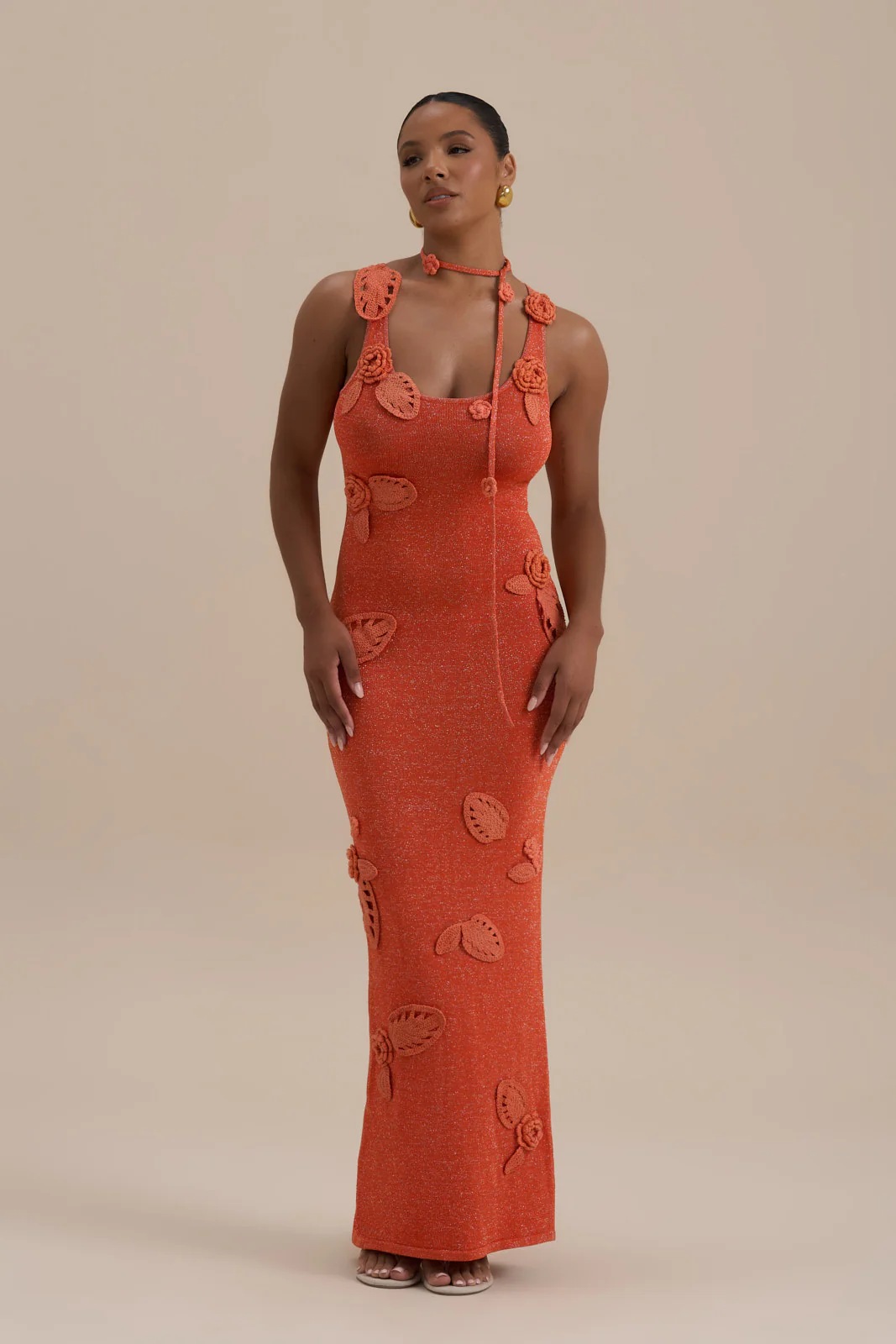 EDEN KNITTED MAXI DRESS WITH FLORAL APPLIQUÉ | ORANGE - Image 12