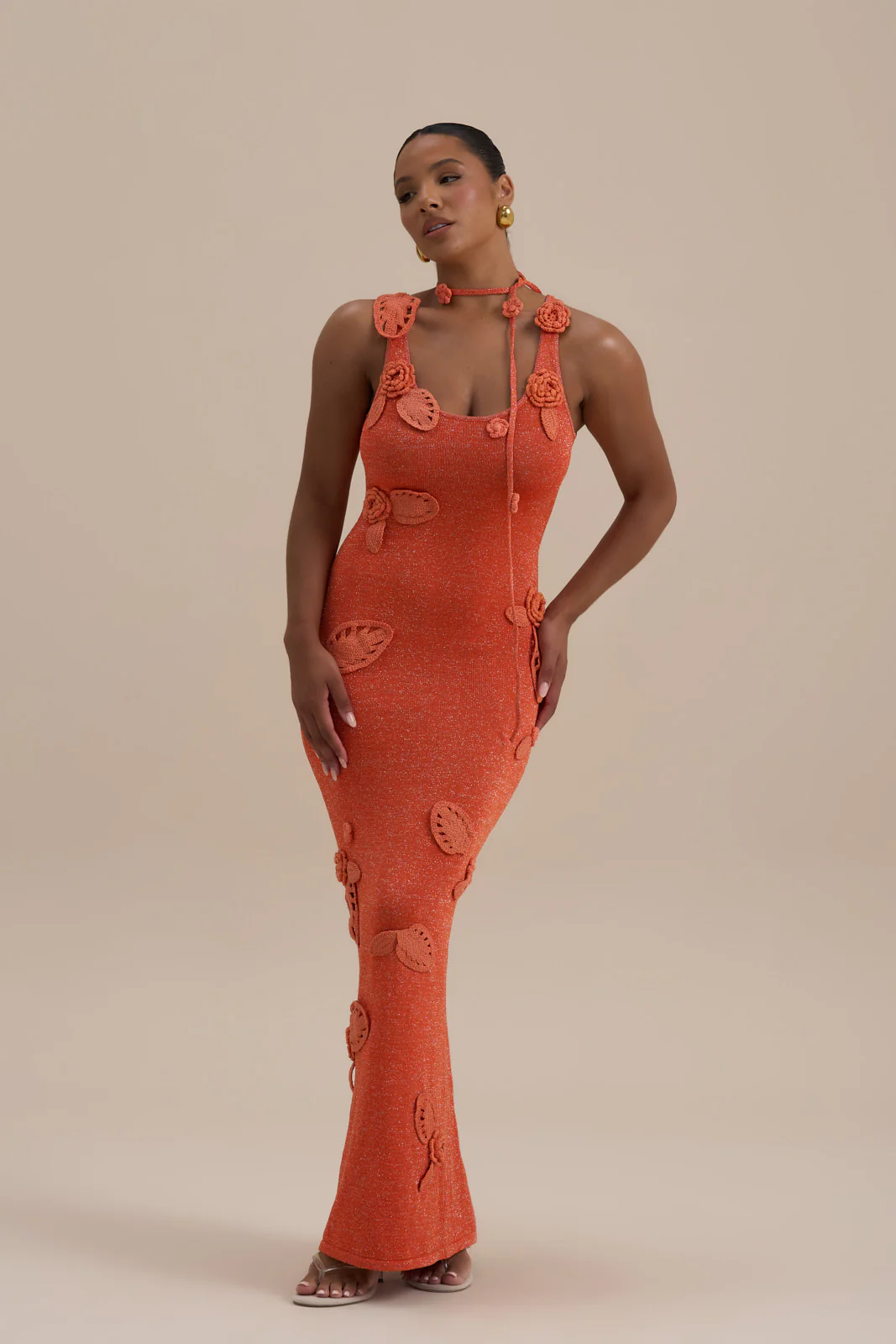 EDEN KNITTED MAXI DRESS WITH FLORAL APPLIQUÉ | ORANGE - Image 14