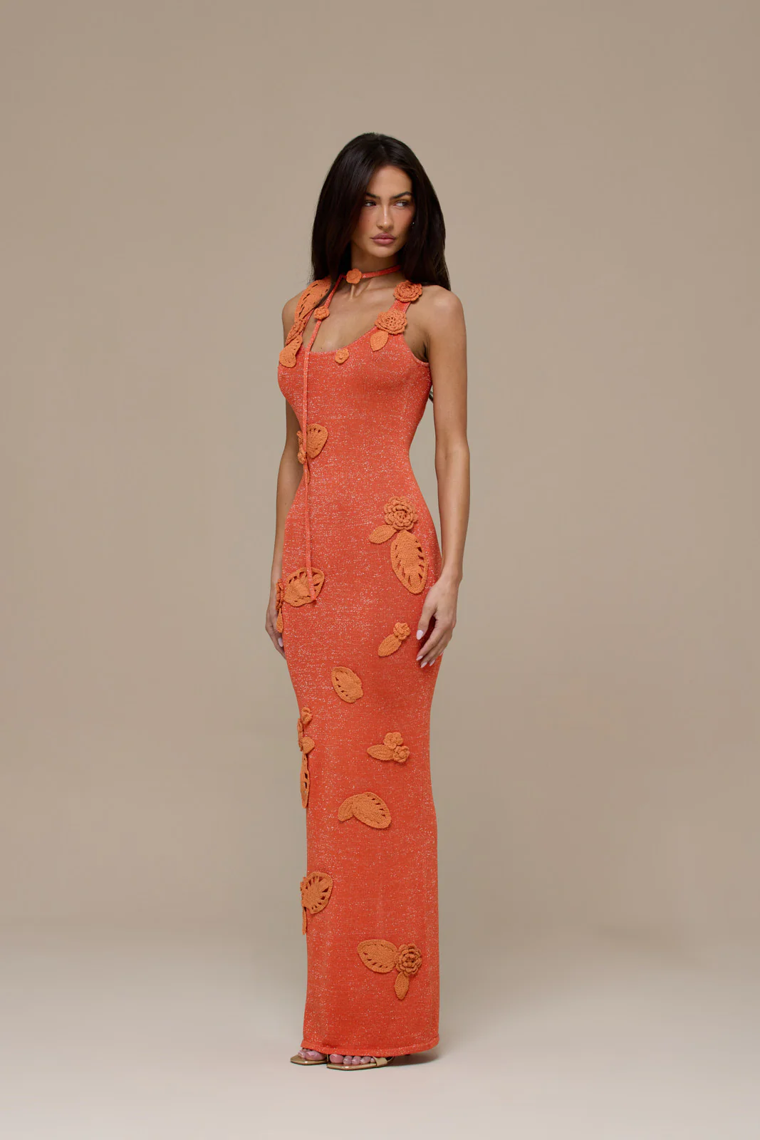 EDEN KNITTED MAXI DRESS WITH FLORAL APPLIQUÉ | ORANGE - Image 3