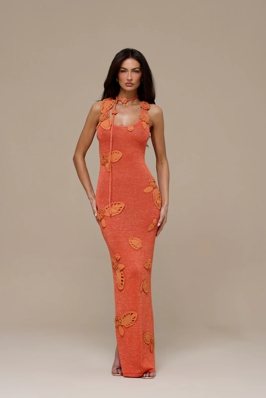EDEN KNITTED MAXI DRESS WITH FLORAL APPLIQUÉ | ORANGE - Image 4