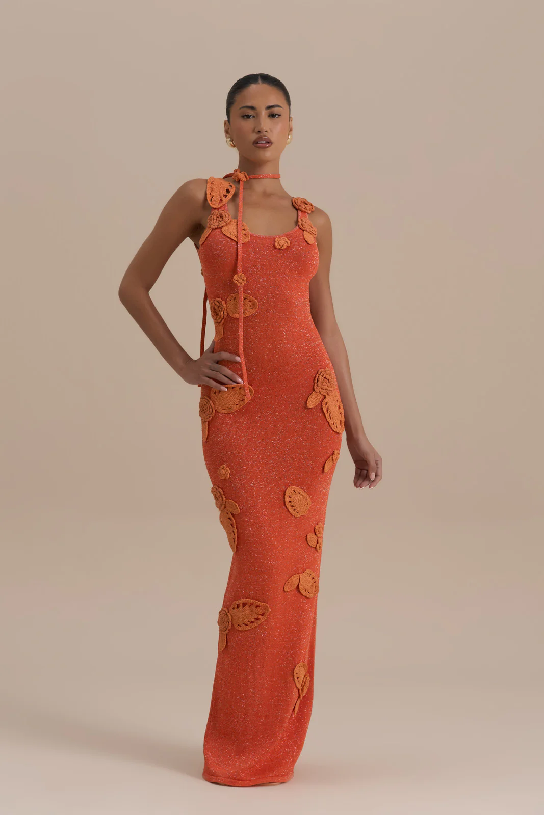 EDEN KNITTED MAXI DRESS WITH FLORAL APPLIQUÉ | ORANGE - Image 5