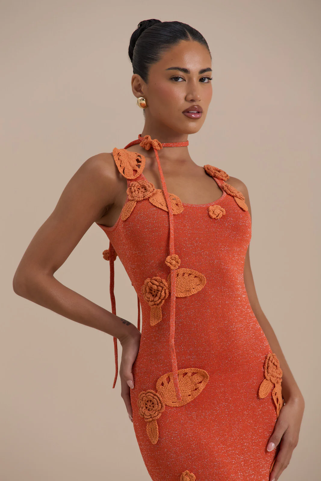 EDEN KNITTED MAXI DRESS WITH FLORAL APPLIQUÉ | ORANGE - Image 7