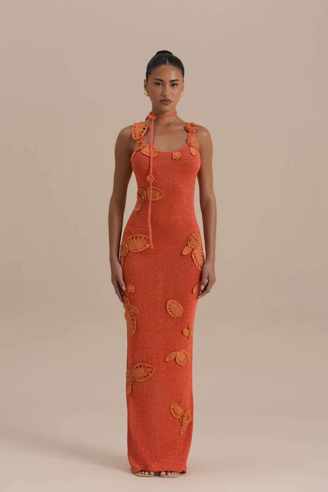 EDEN KNITTED MAXI DRESS WITH FLORAL APPLIQUÉ | ORANGE - Image 8