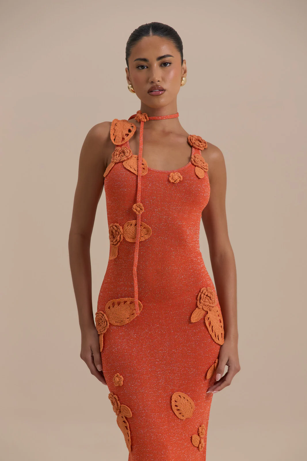 EDEN KNITTED MAXI DRESS WITH FLORAL APPLIQUÉ | ORANGE - Image 9