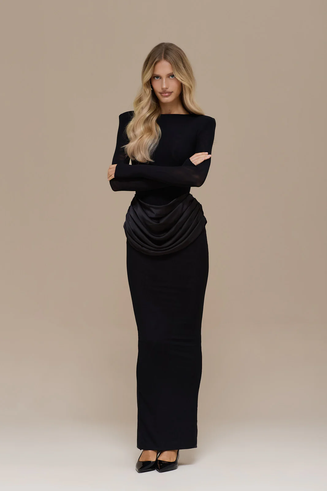 EMAN LONG SLEEVE MAXI DRESS WITH SATIN DRAPED WAIST DETAIL | BLACK - Image 11