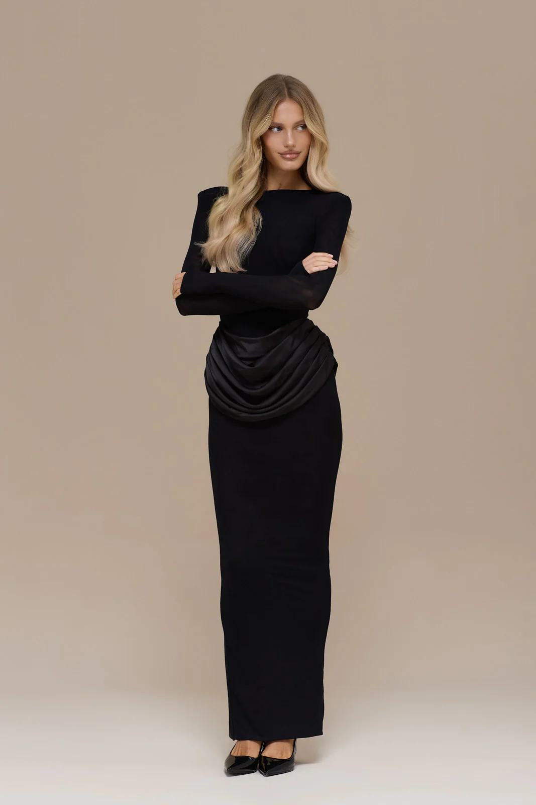 EMAN LONG SLEEVE MAXI DRESS WITH SATIN DRAPED WAIST DETAIL | BLACK - Image 6