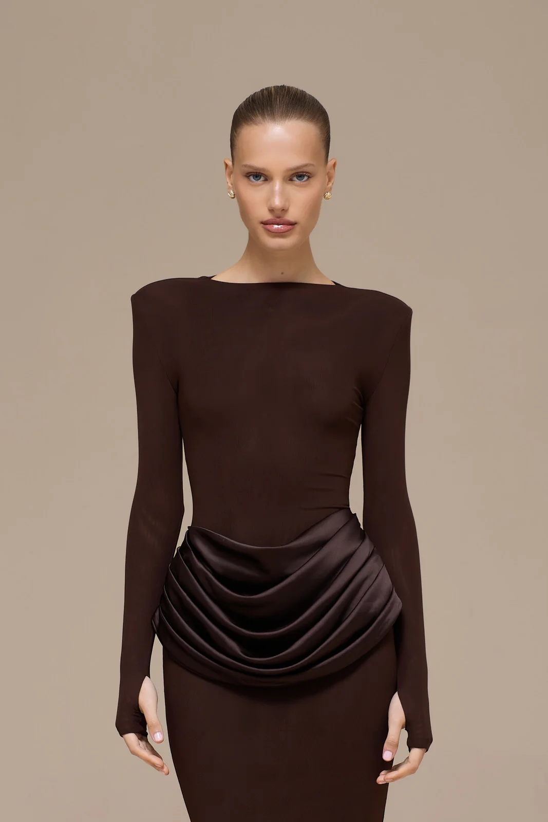 EMAN LONG SLEEVE MAXI DRESS WITH SATIN DRAPED WAIST DETAIL | CHOCOLATE - Image 10