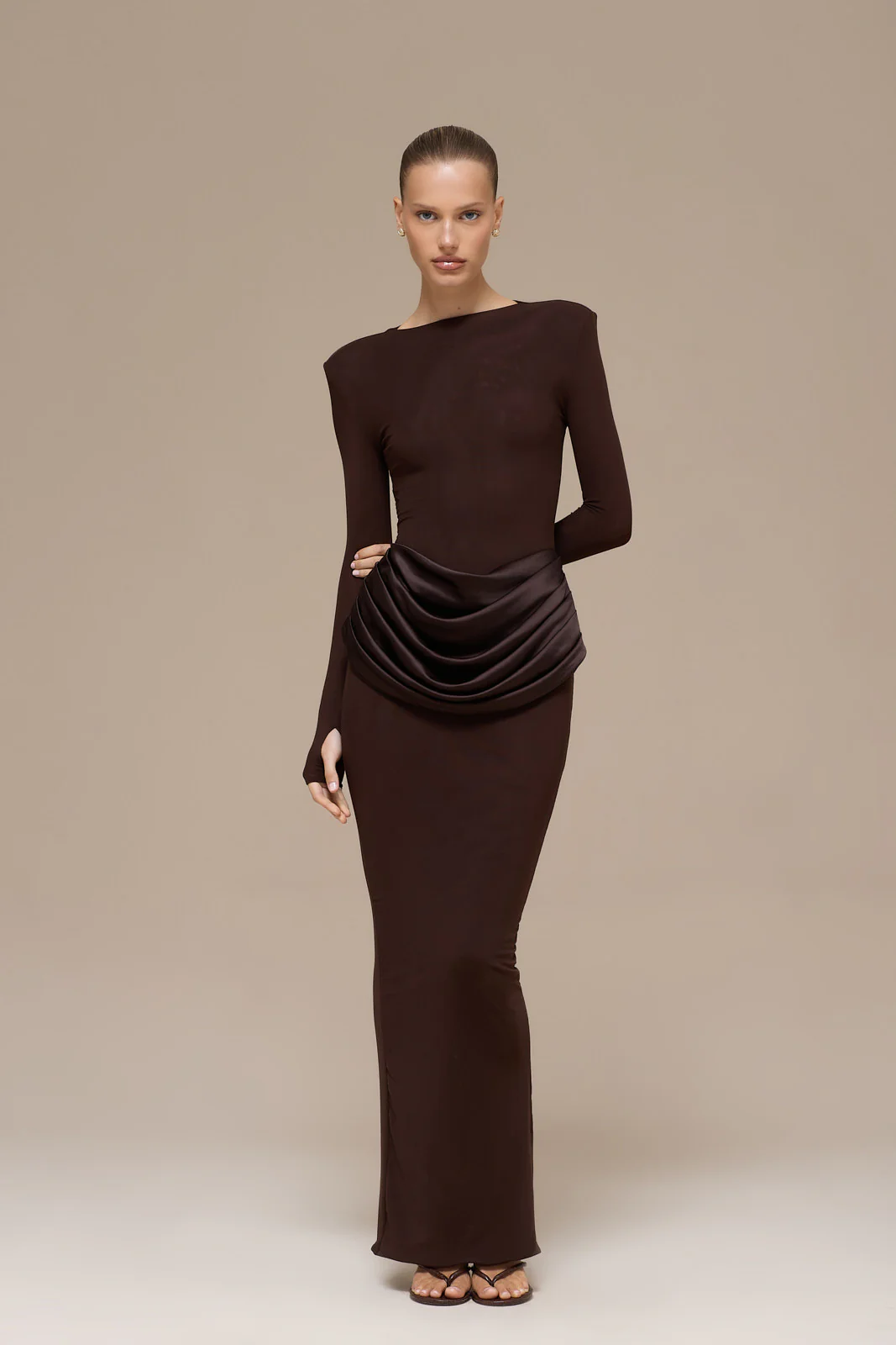 EMAN LONG SLEEVE MAXI DRESS WITH SATIN DRAPED WAIST DETAIL | CHOCOLATE - Image 11