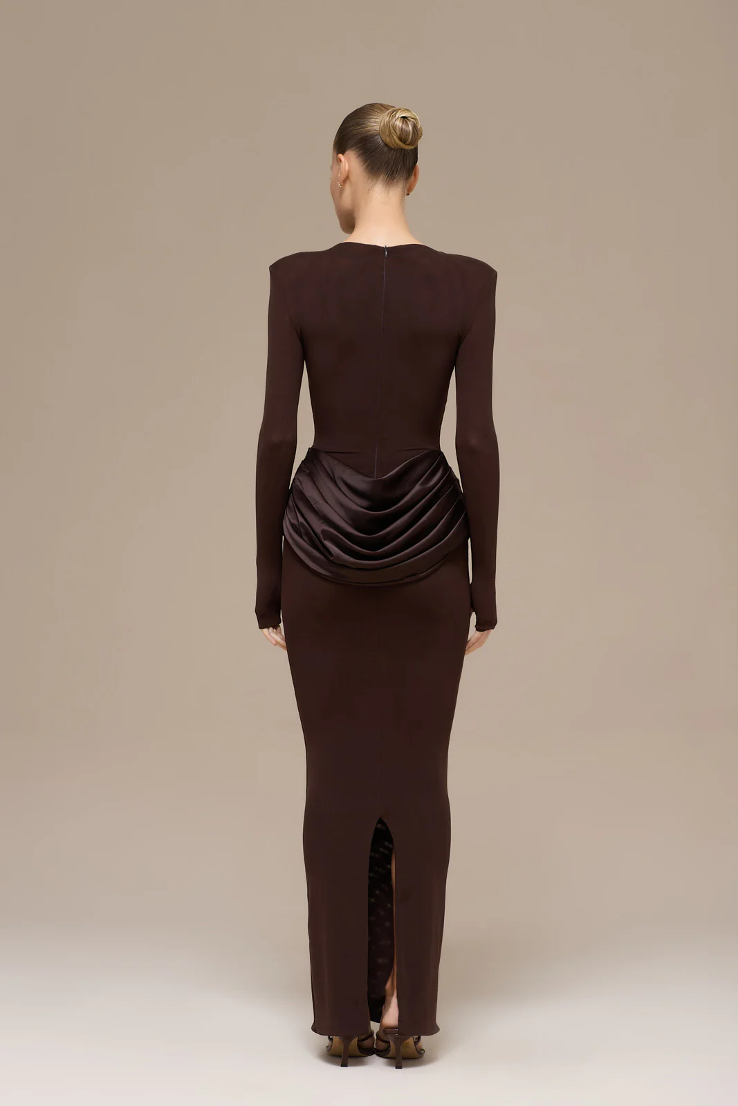 EMAN LONG SLEEVE MAXI DRESS WITH SATIN DRAPED WAIST DETAIL | CHOCOLATE - Image 13