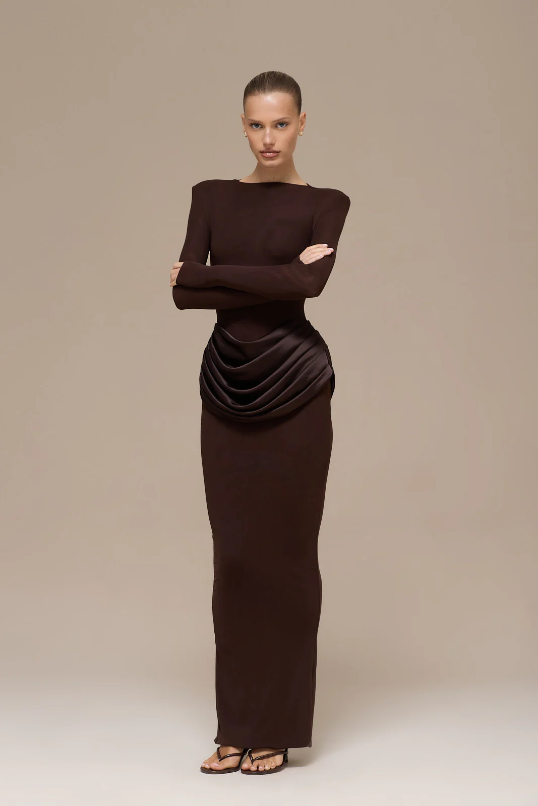 EMAN LONG SLEEVE MAXI DRESS WITH SATIN DRAPED WAIST DETAIL | CHOCOLATE - Image 14