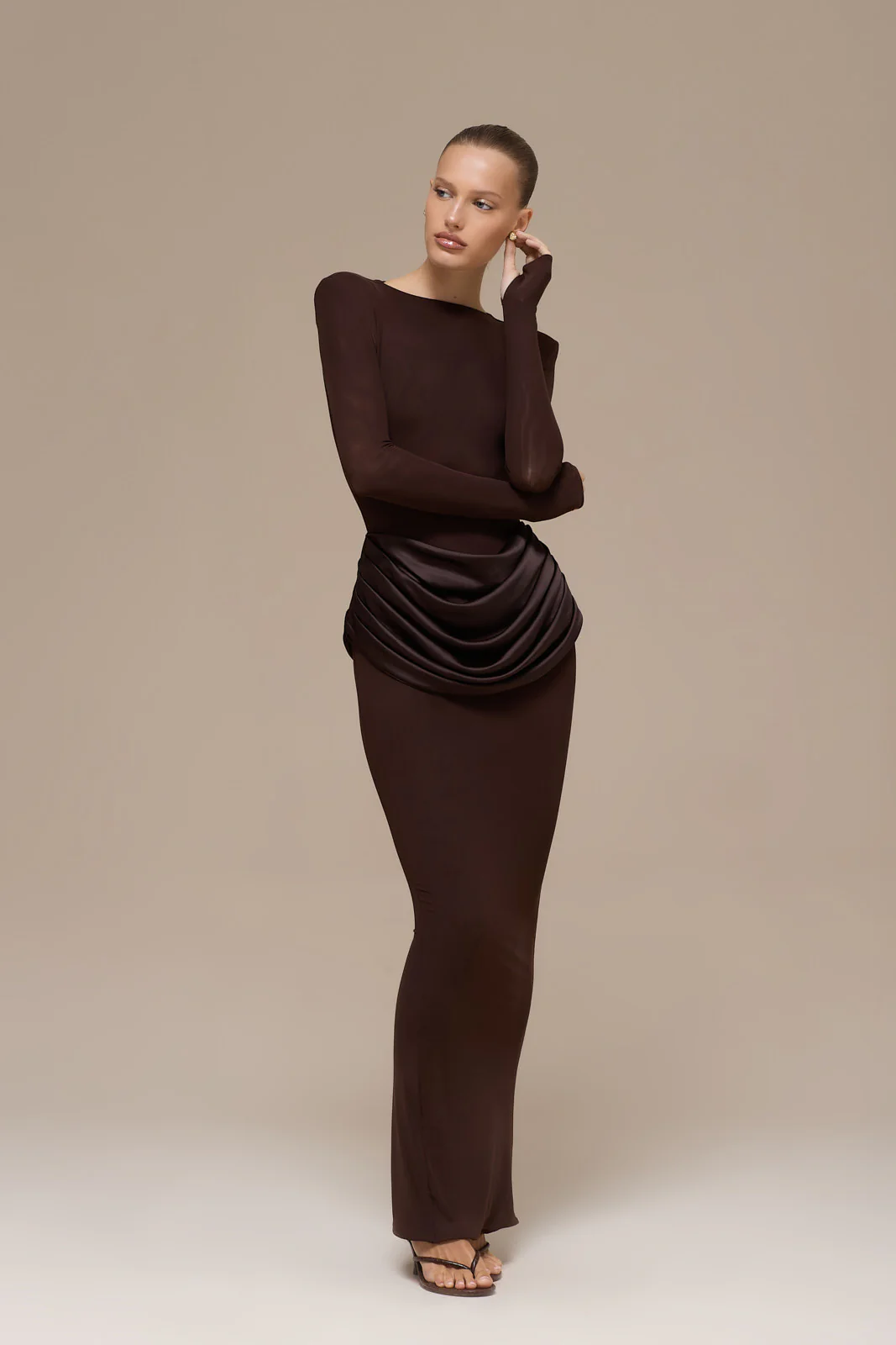EMAN LONG SLEEVE MAXI DRESS WITH SATIN DRAPED WAIST DETAIL | CHOCOLATE - Image 16