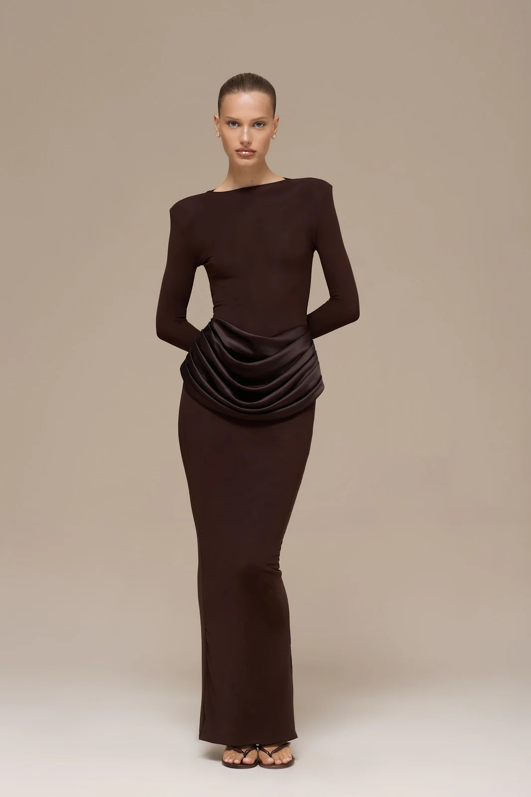EMAN LONG SLEEVE MAXI DRESS WITH SATIN DRAPED WAIST DETAIL | CHOCOLATE - Image 17