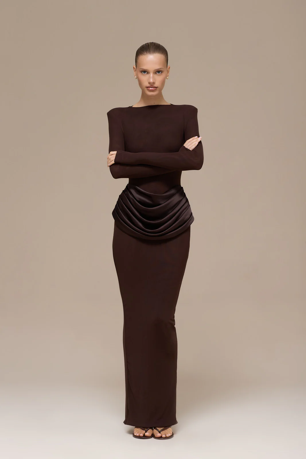EMAN LONG SLEEVE MAXI DRESS WITH SATIN DRAPED WAIST DETAIL | CHOCOLATE - Image 18