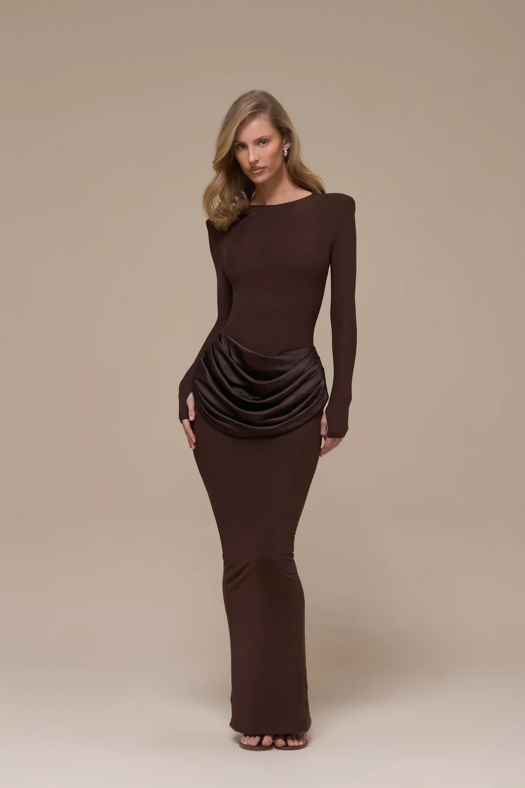 EMAN LONG SLEEVE MAXI DRESS WITH SATIN DRAPED WAIST DETAIL | CHOCOLATE - Image 6