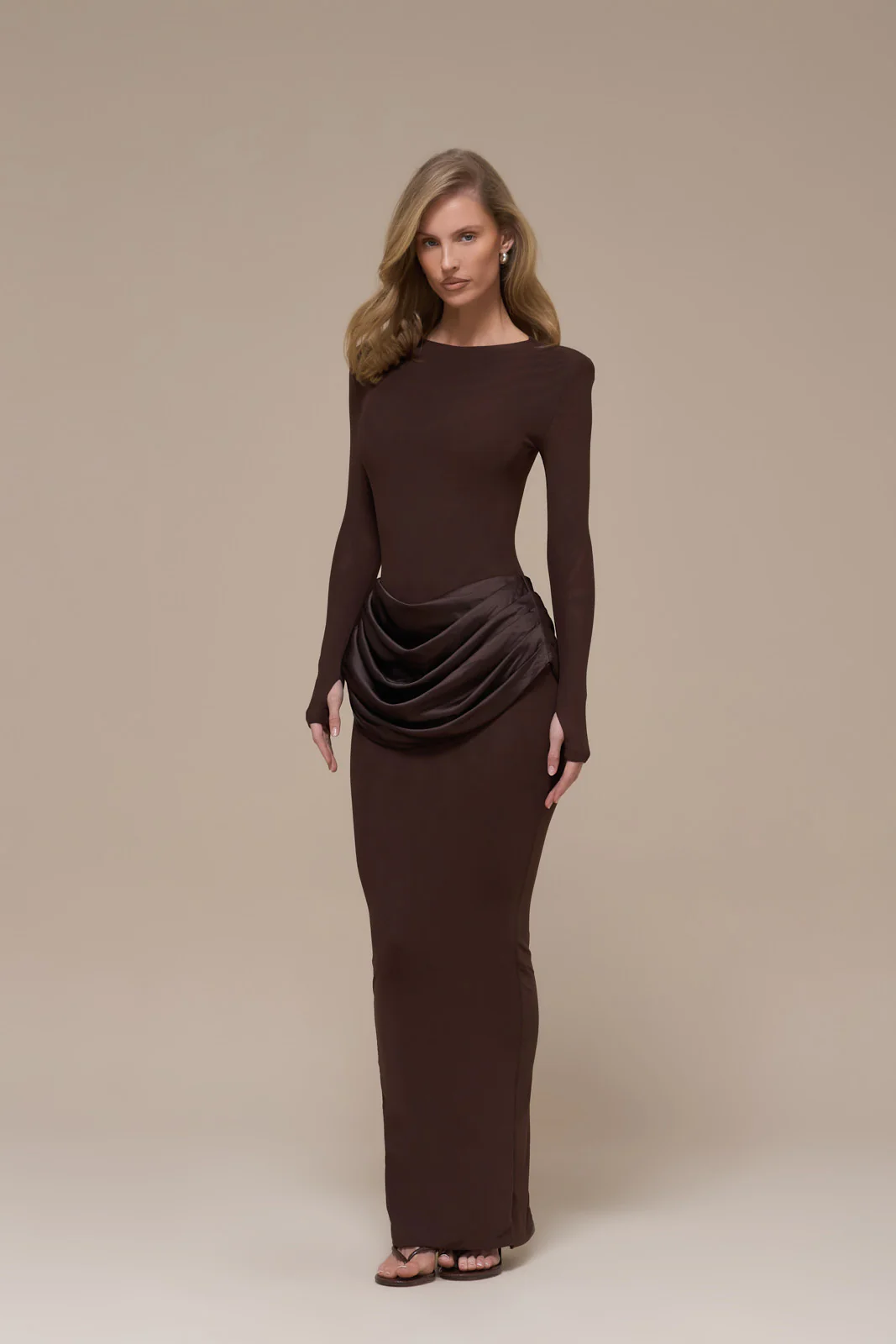 EMAN LONG SLEEVE MAXI DRESS WITH SATIN DRAPED WAIST DETAIL | CHOCOLATE - Image 8