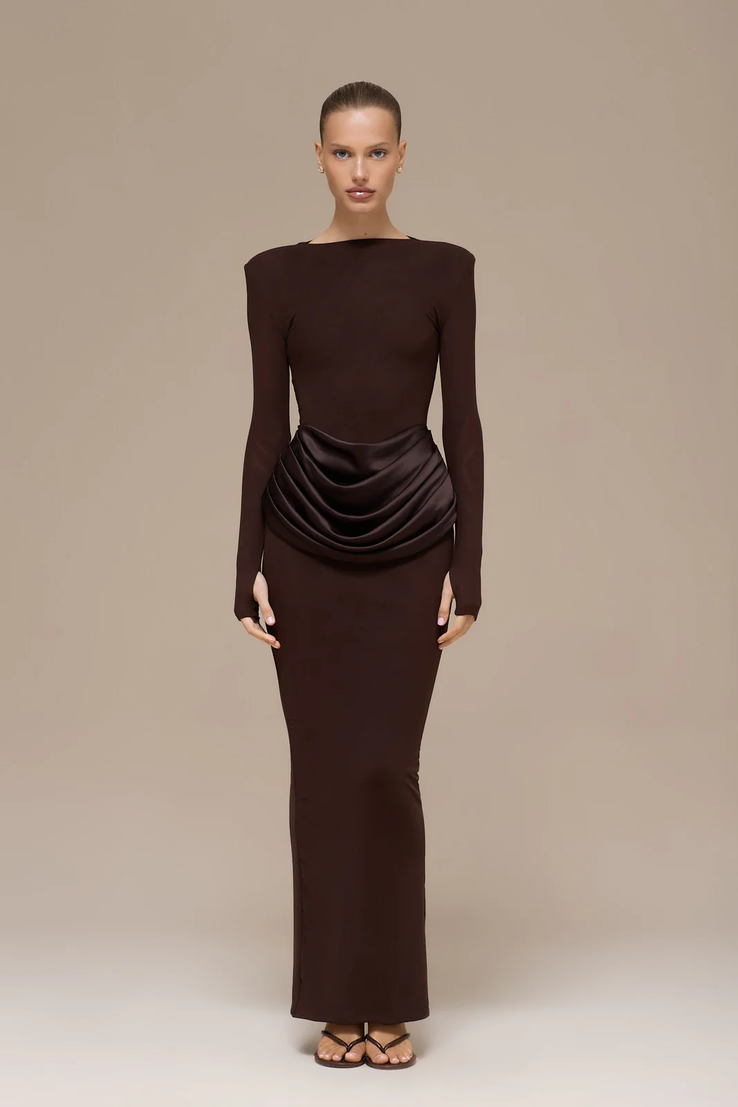 EMAN LONG SLEEVE MAXI DRESS WITH SATIN DRAPED WAIST DETAIL | CHOCOLATE - Image 9