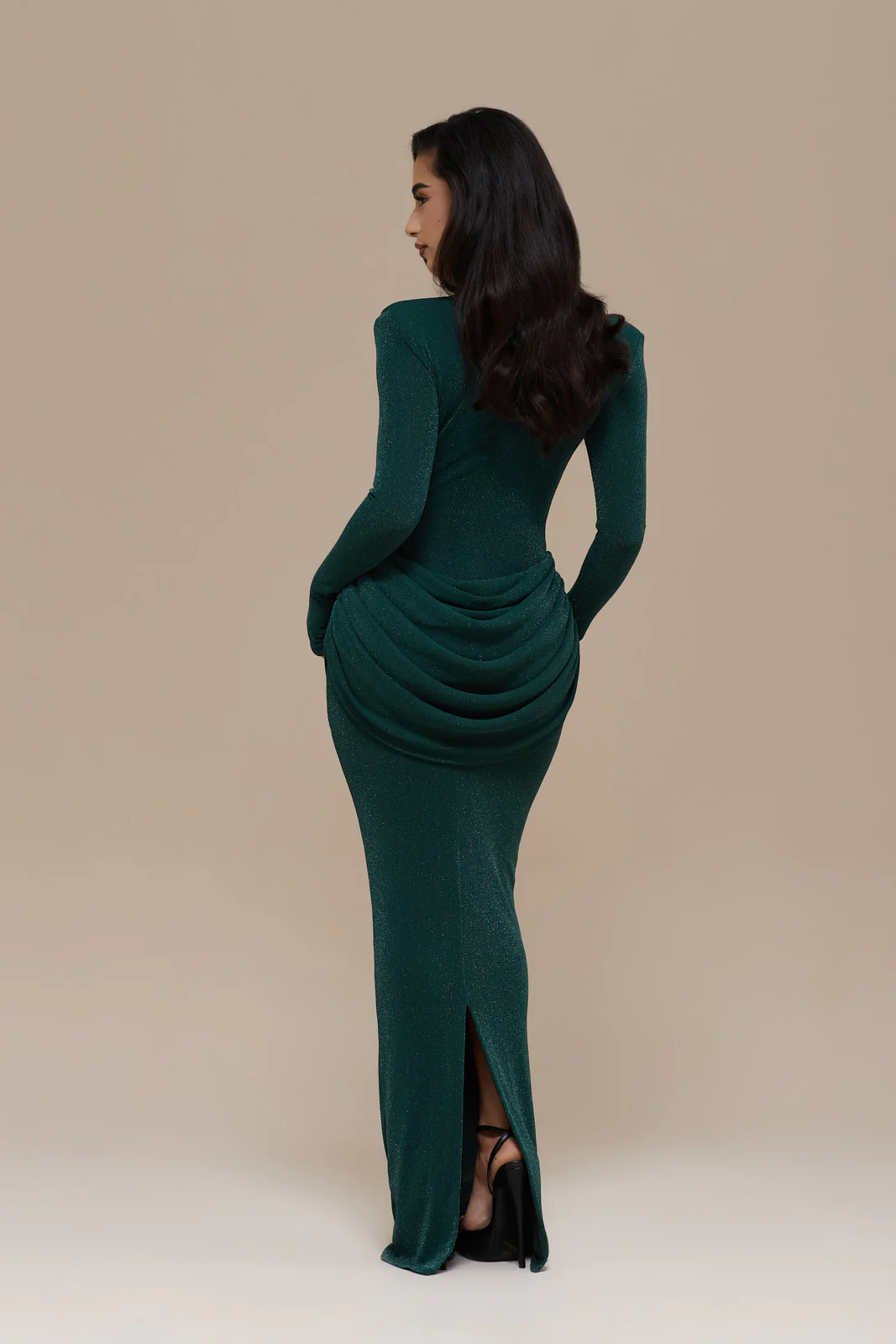 EMAN LONG SLEEVE MAXI DRESS WITH SATIN DRAPED WAIST DETAIL | EMERALD GLITTER - Image 10