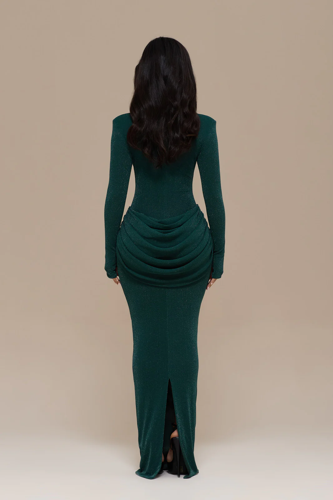 EMAN LONG SLEEVE MAXI DRESS WITH SATIN DRAPED WAIST DETAIL | EMERALD GLITTER - Image 14