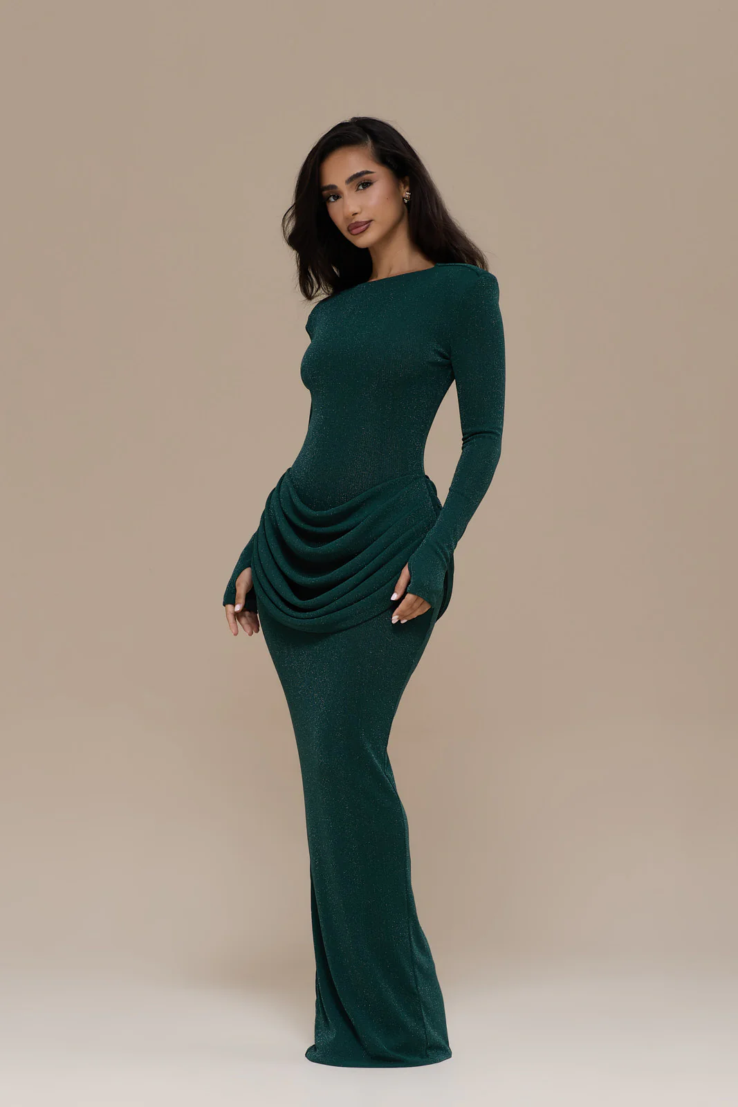 EMAN LONG SLEEVE MAXI DRESS WITH SATIN DRAPED WAIST DETAIL | EMERALD GLITTER - Image 15