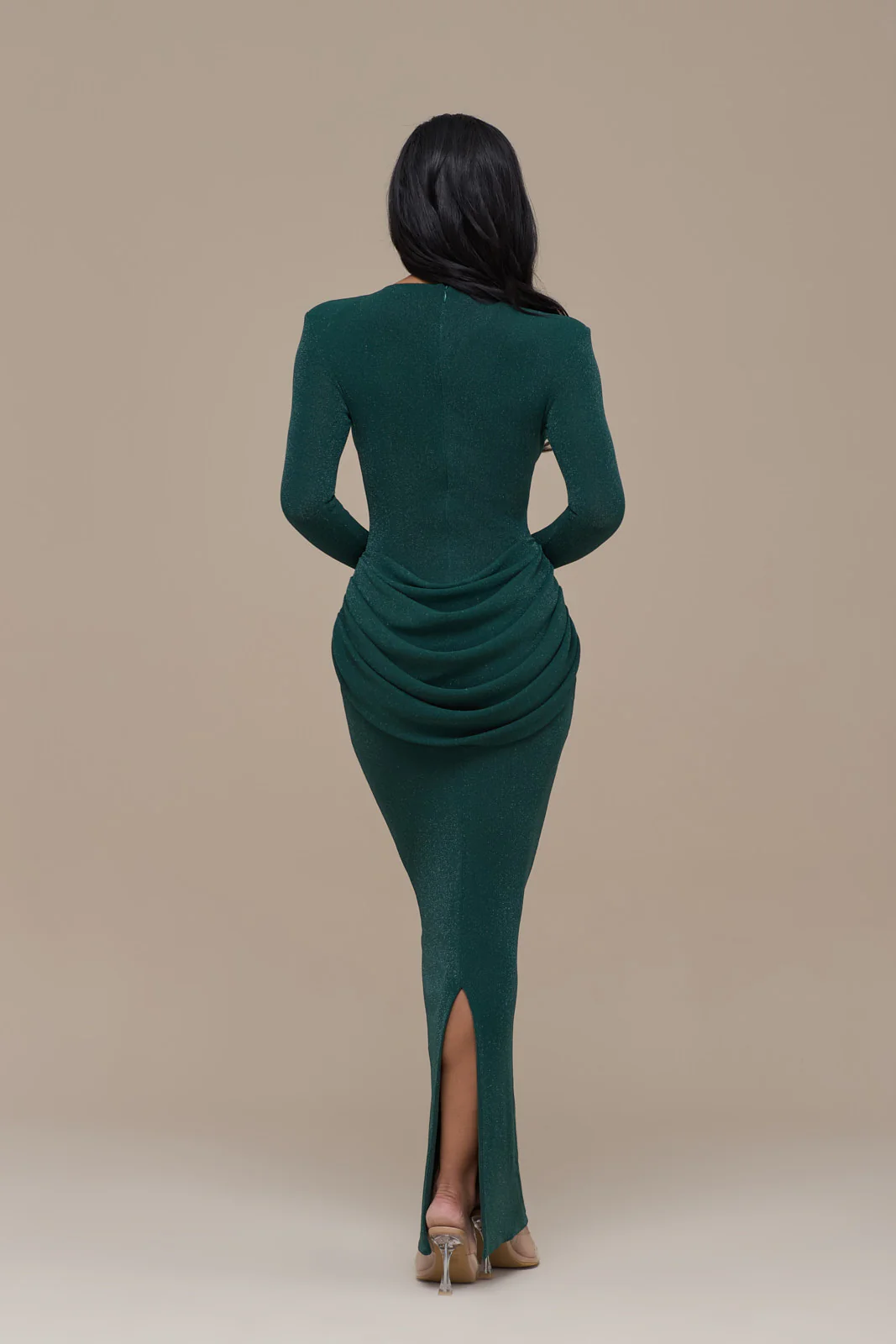 EMAN LONG SLEEVE MAXI DRESS WITH SATIN DRAPED WAIST DETAIL | EMERALD GLITTER - Image 3