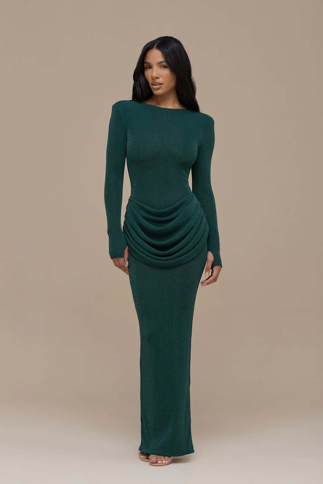 EMAN LONG SLEEVE MAXI DRESS WITH SATIN DRAPED WAIST DETAIL | EMERALD GLITTER - Image 6