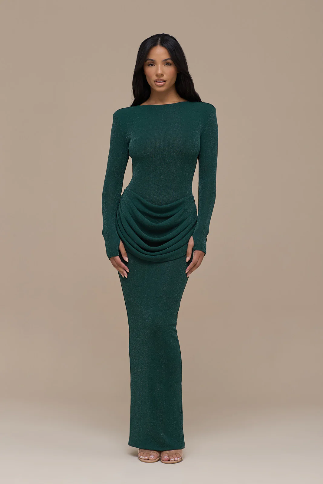 EMAN LONG SLEEVE MAXI DRESS WITH SATIN DRAPED WAIST DETAIL | EMERALD GLITTER - Image 8