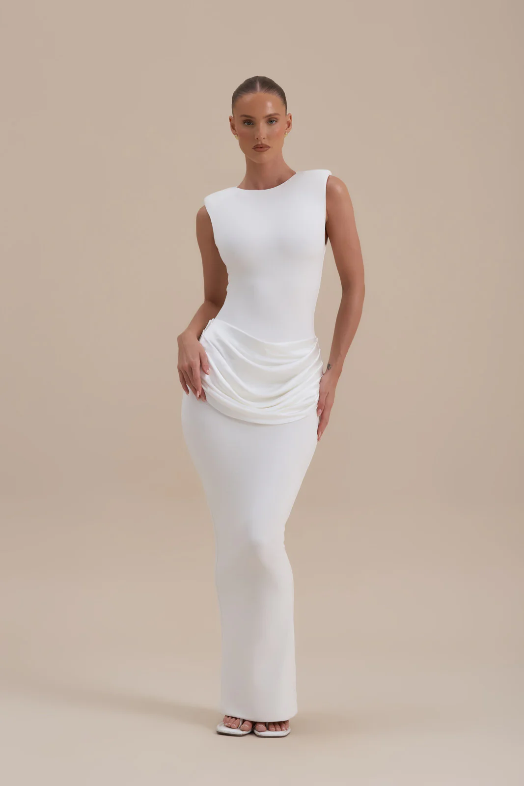 EMAN SLEEVELESS MAXI DRESS WITH SATIN DRAPED WAIST DETAIL | WHITE - Image 10
