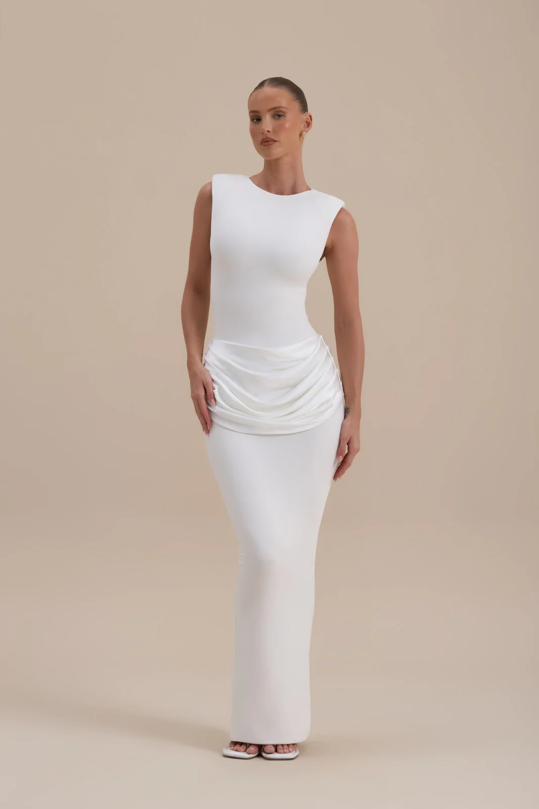 EMAN SLEEVELESS MAXI DRESS WITH SATIN DRAPED WAIST DETAIL | WHITE - Image 11