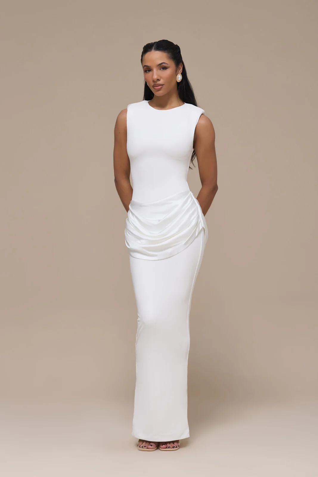 EMAN SLEEVELESS MAXI DRESS WITH SATIN DRAPED WAIST DETAIL | WHITE - Image 4