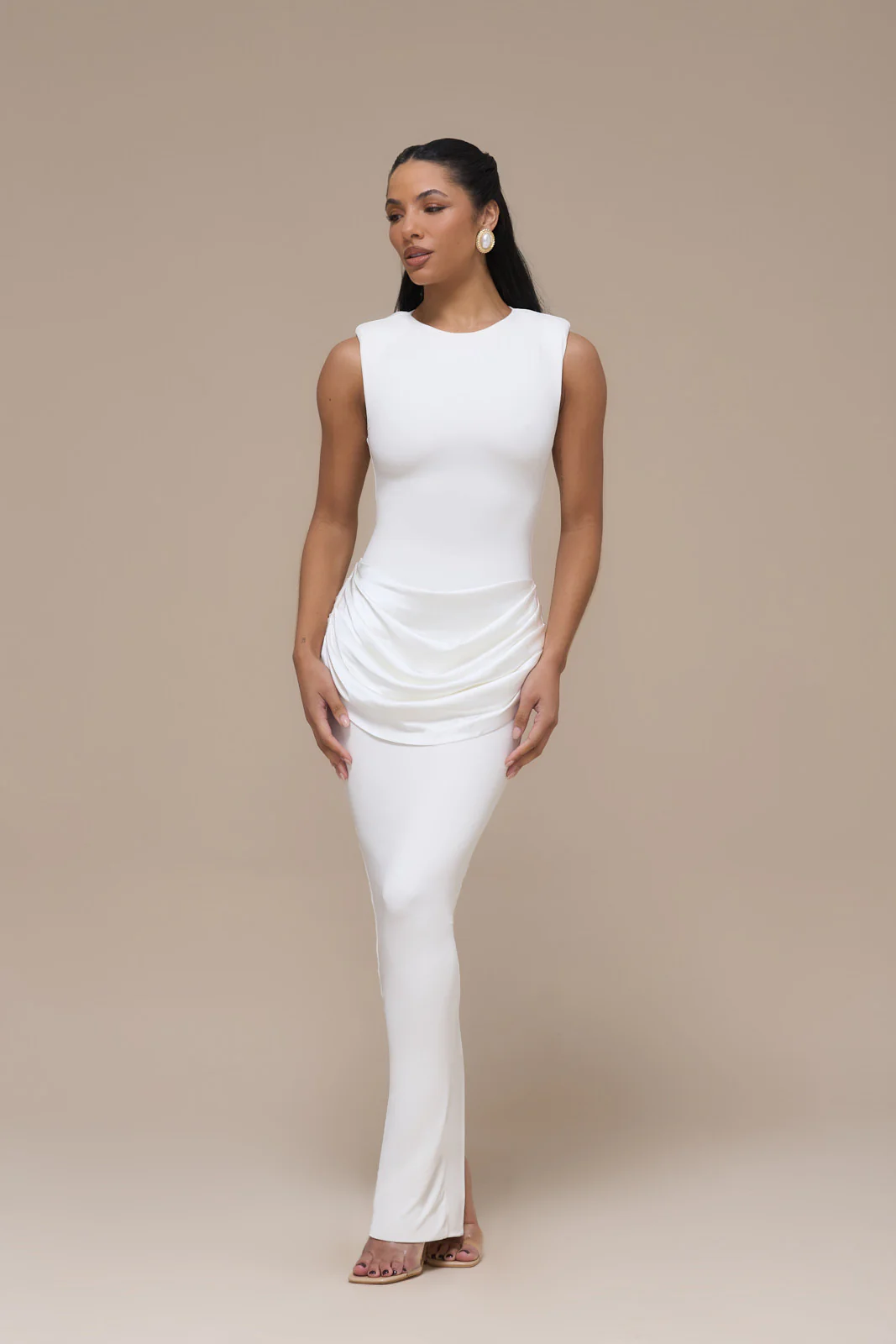 EMAN SLEEVELESS MAXI DRESS WITH SATIN DRAPED WAIST DETAIL | WHITE - Image 5