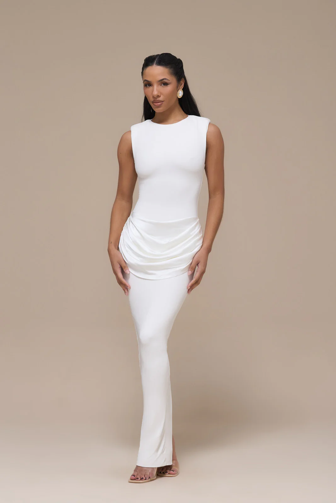 EMAN SLEEVELESS MAXI DRESS WITH SATIN DRAPED WAIST DETAIL | WHITE - Image 6