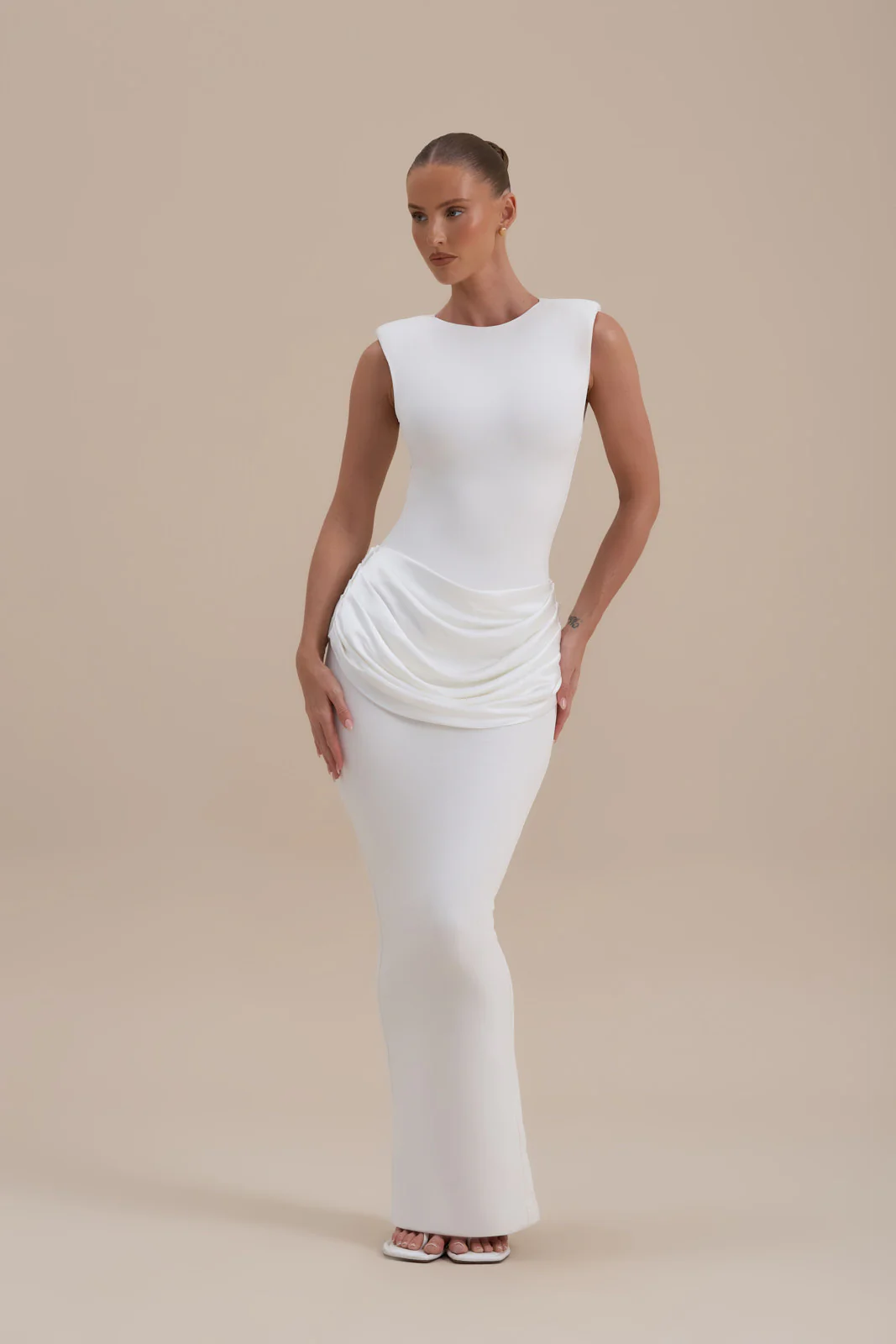 EMAN SLEEVELESS MAXI DRESS WITH SATIN DRAPED WAIST DETAIL | WHITE - Image 7