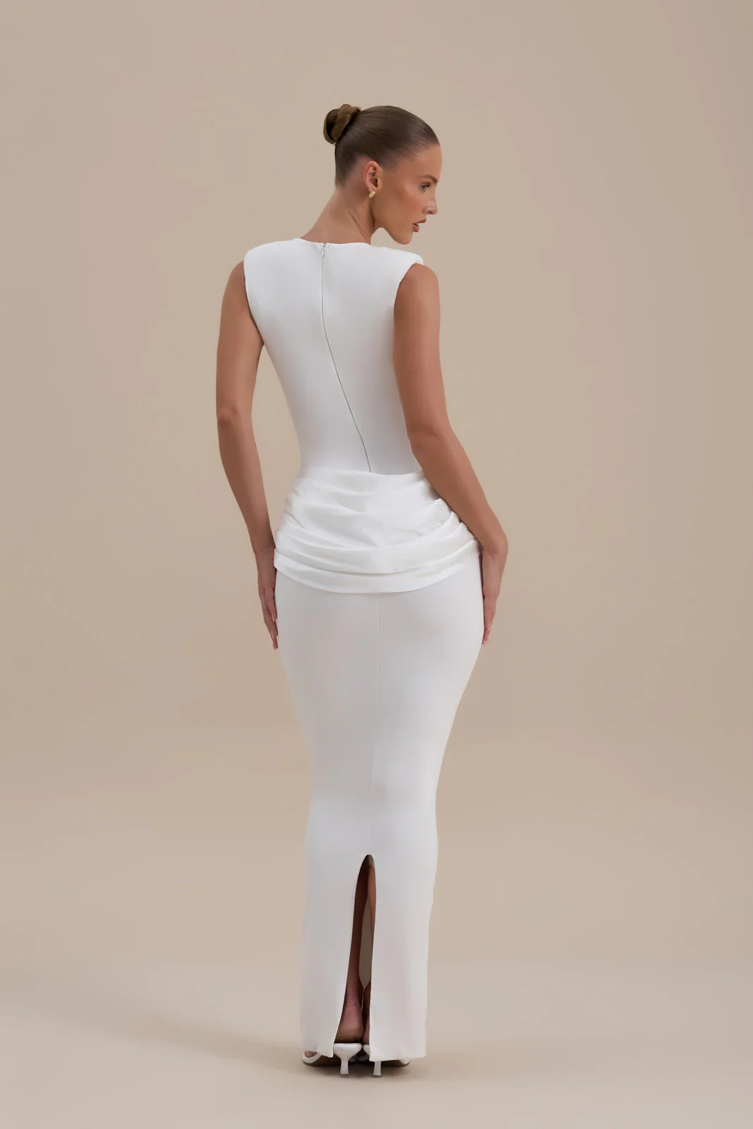 EMAN SLEEVELESS MAXI DRESS WITH SATIN DRAPED WAIST DETAIL | WHITE - Image 8